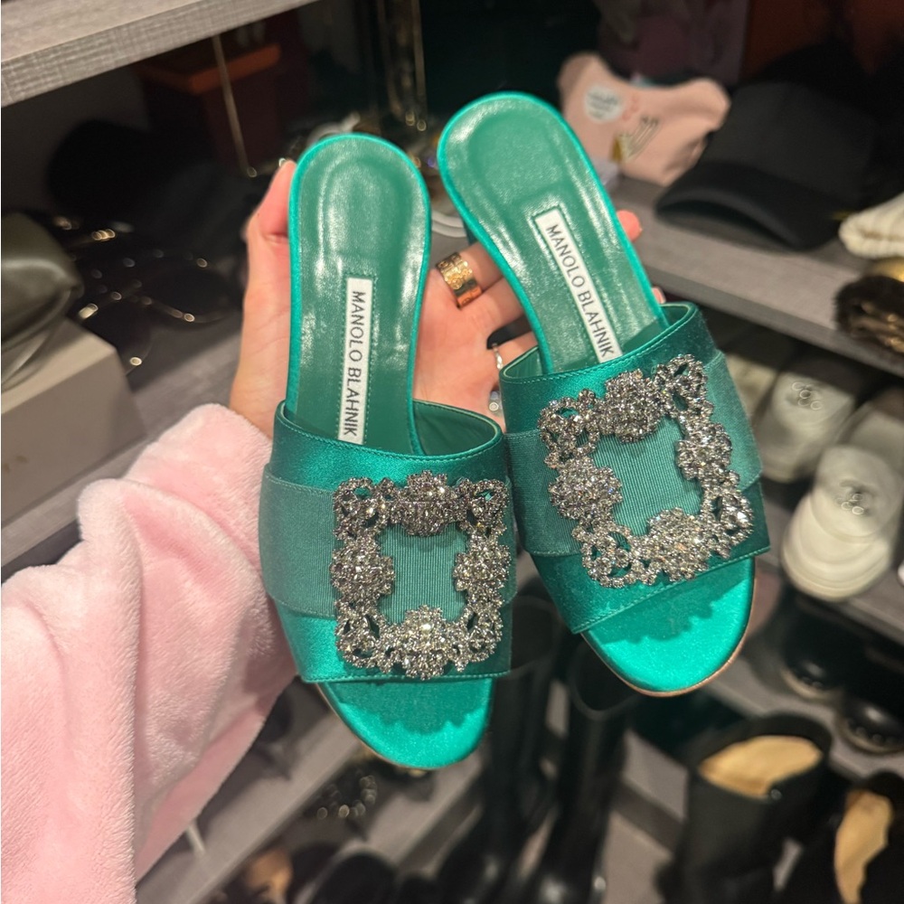 Manolo Blahnik Teal Satin Mules with Crystal Embellishments